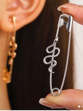 Silver Snake Safety Pin Earring